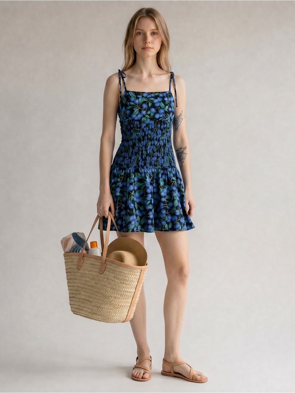 English Factory Blueberry Smocked Waist Ruffle Mini Tie Straps Sundress Size M